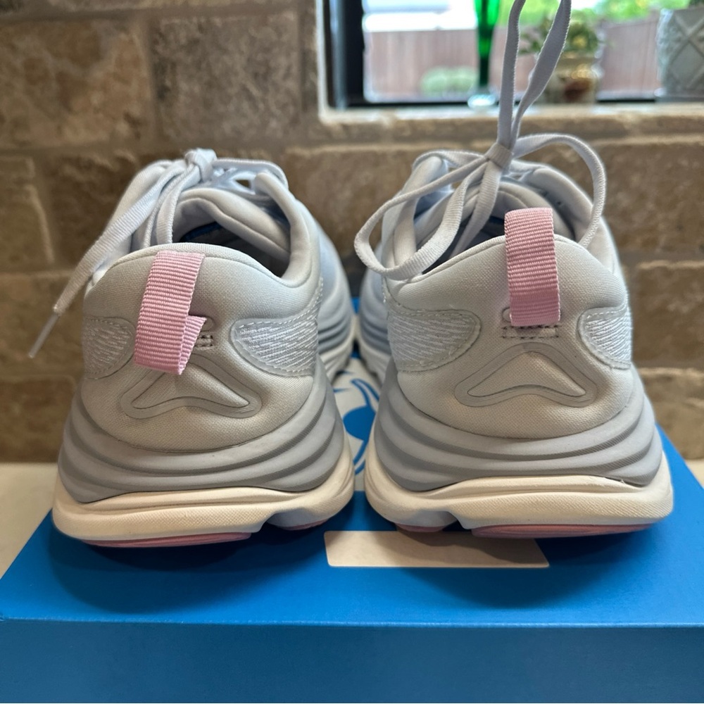 Hoka White Athletic Shoes with Pink Heel Loop - Picture 9 of 16